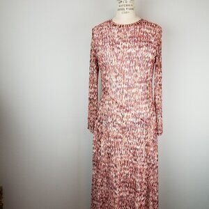 Vintage Nylon Mesh Long Sleeve Rust Allover Pattern Midi Dress Ladies Size Med
